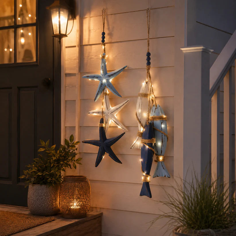Lighted Coastal Wooden Starfish & Fish Hanging Decor