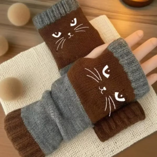 Women’s Knitted Fingerless Gloves with Cute Cat – Cozy, Stylish & Practical Winter Hand Warmers