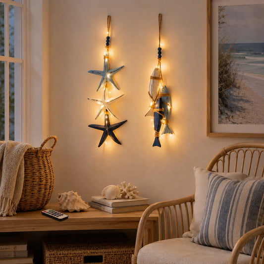 Lighted Coastal Wooden Starfish & Fish Hanging Decor