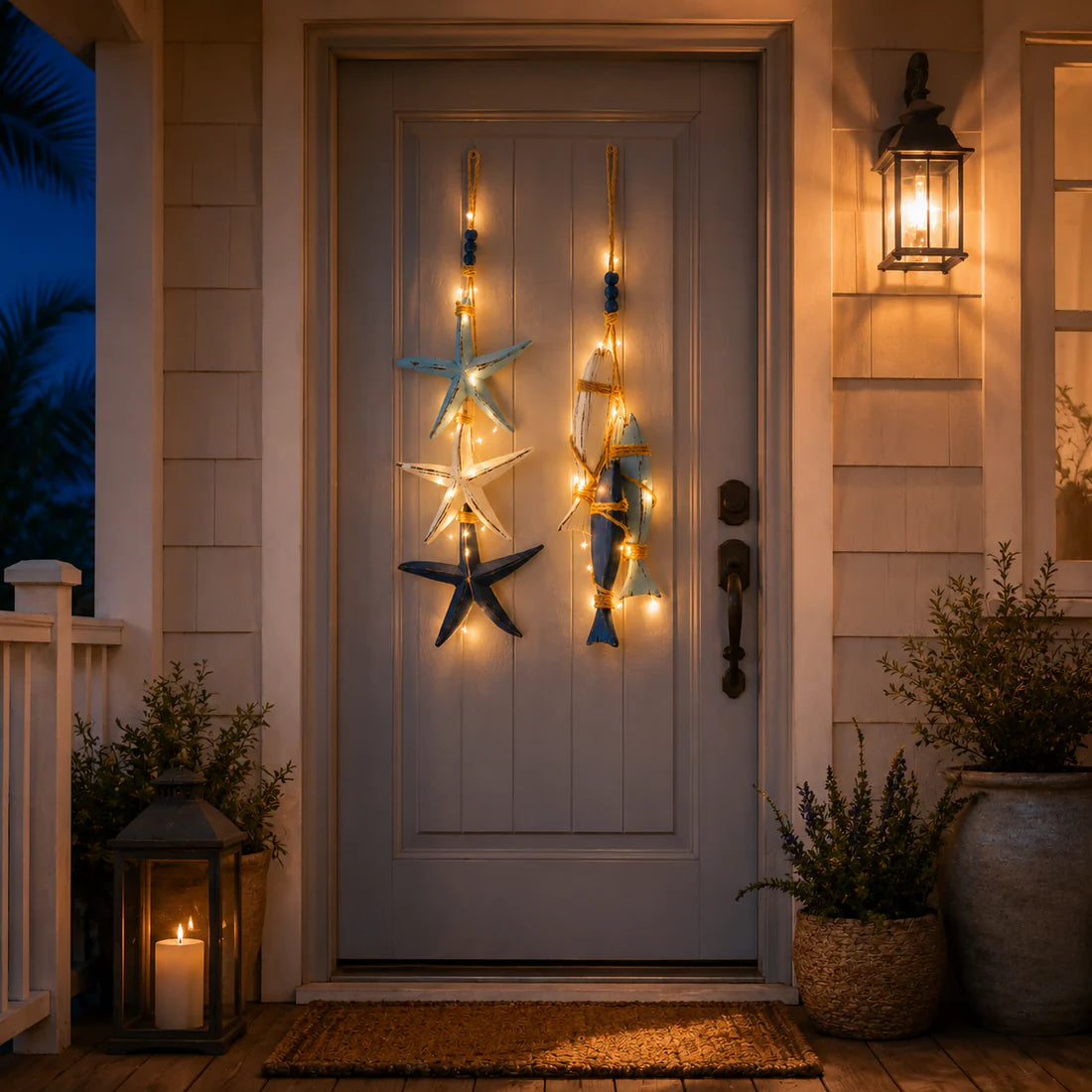 Lighted Coastal Wooden Starfish & Fish Hanging Decor