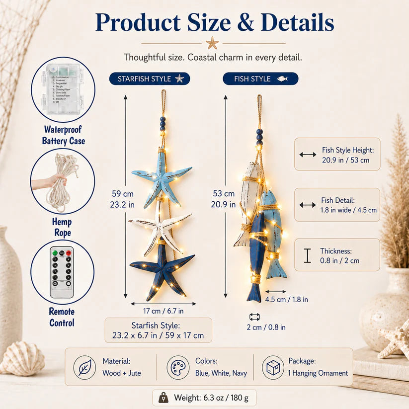 Lighted Coastal Wooden Starfish & Fish Hanging Decor