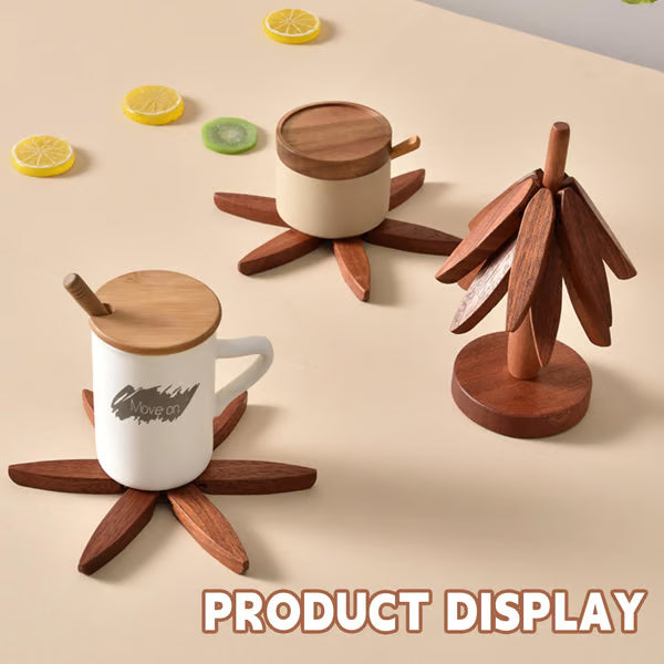 Natural Tree Trivet Set - 4 bamboo Trivets & 1 Stand