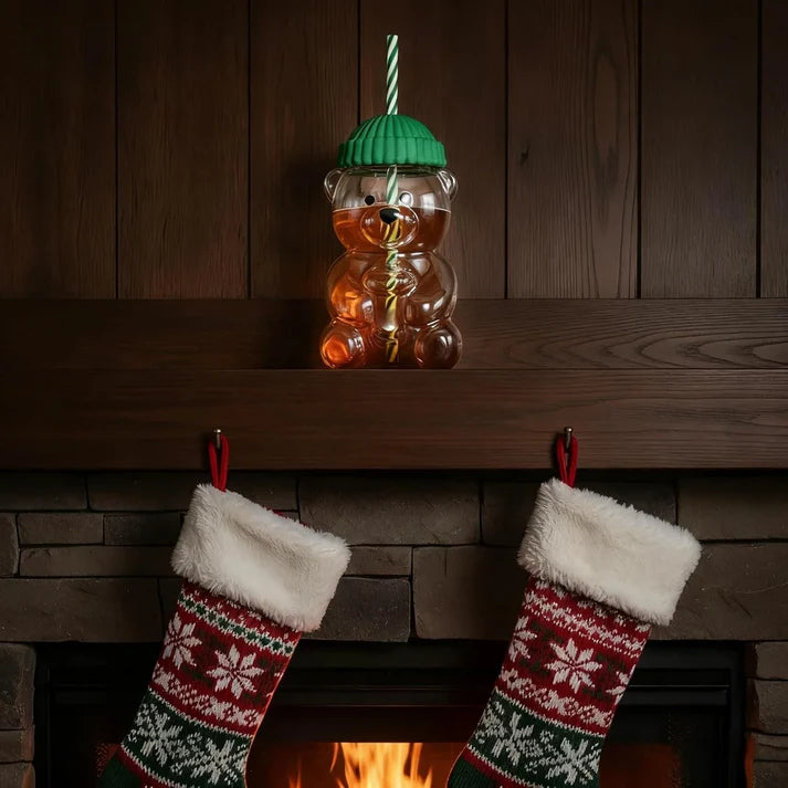 Bear Glass Cup with Straw