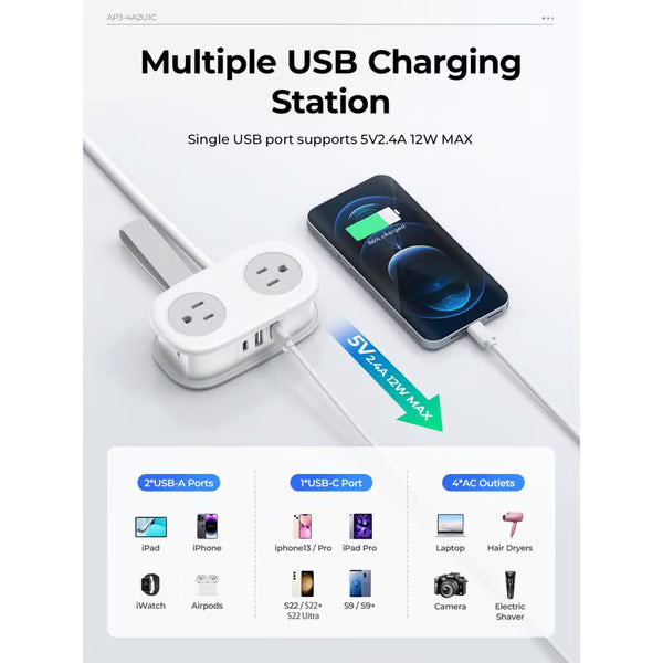 Travel Power Strip, ORICO 4 Outlets 2 USB Ports (1 USB C) with 4FT Wrapped Short Extension Cord Small Power Strip