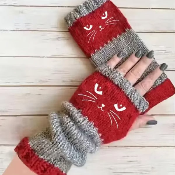 Women’s Knitted Fingerless Gloves with Cute Cat – Cozy, Stylish & Practical Winter Hand Warmers