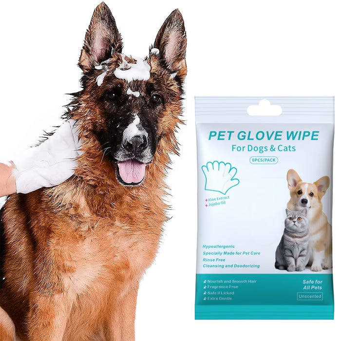 Rinse-Free Dog Shampoo Mitts – Hypoallergenic Pet Bath Wipes - 6 Packs