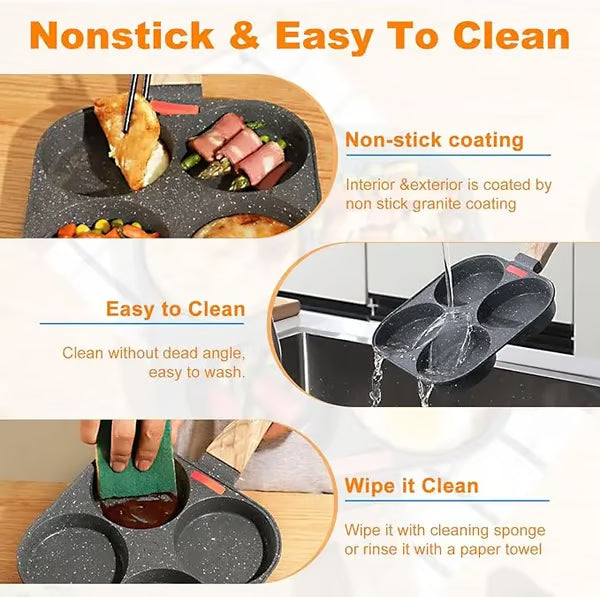 4-Hole Non-Stick Egg Frying Pan – Multifunction Skillet with Wooden Handle