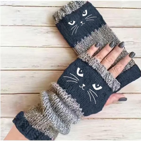 Women’s Knitted Fingerless Gloves with Cute Cat – Cozy, Stylish & Practical Winter Hand Warmers