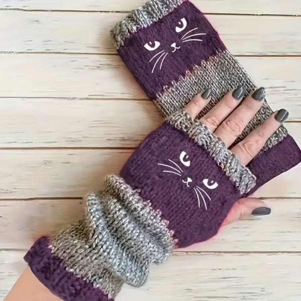 Women’s Knitted Fingerless Gloves with Cute Cat – Cozy, Stylish & Practical Winter Hand Warmers