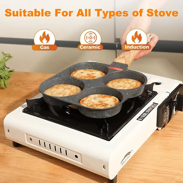 4-Hole Non-Stick Egg Frying Pan – Multifunction Skillet with Wooden Handle