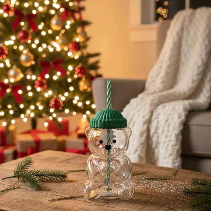 Bear Glass Cup with Straw
