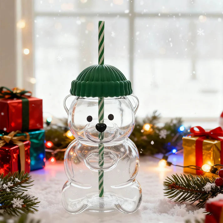 Bear Glass Cup with Straw
