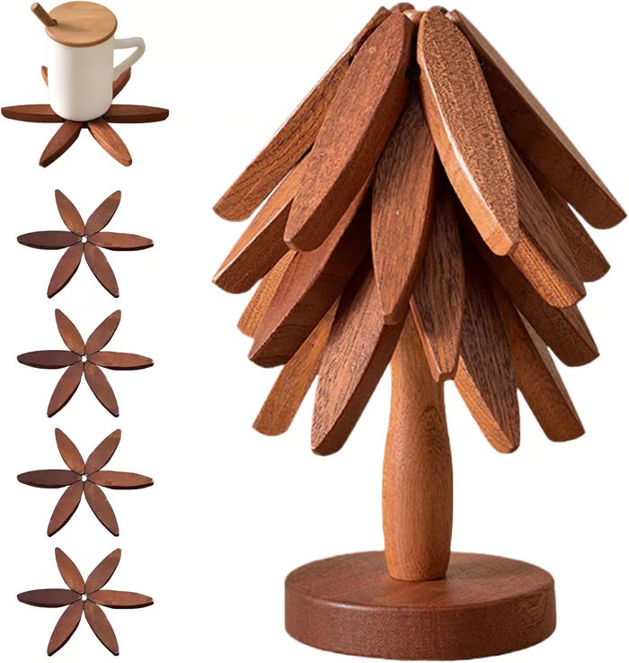 Natural Tree Trivet Set - 4 bamboo Trivets & 1 Stand