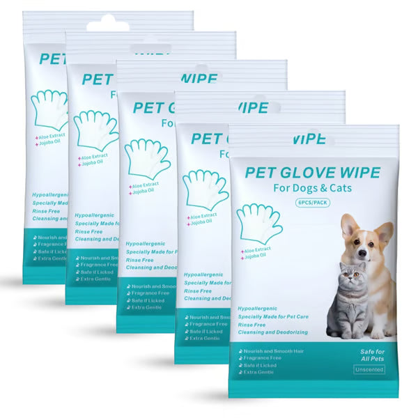 Rinse-Free Dog Shampoo Mitts – Hypoallergenic Pet Bath Wipes - 6 Packs