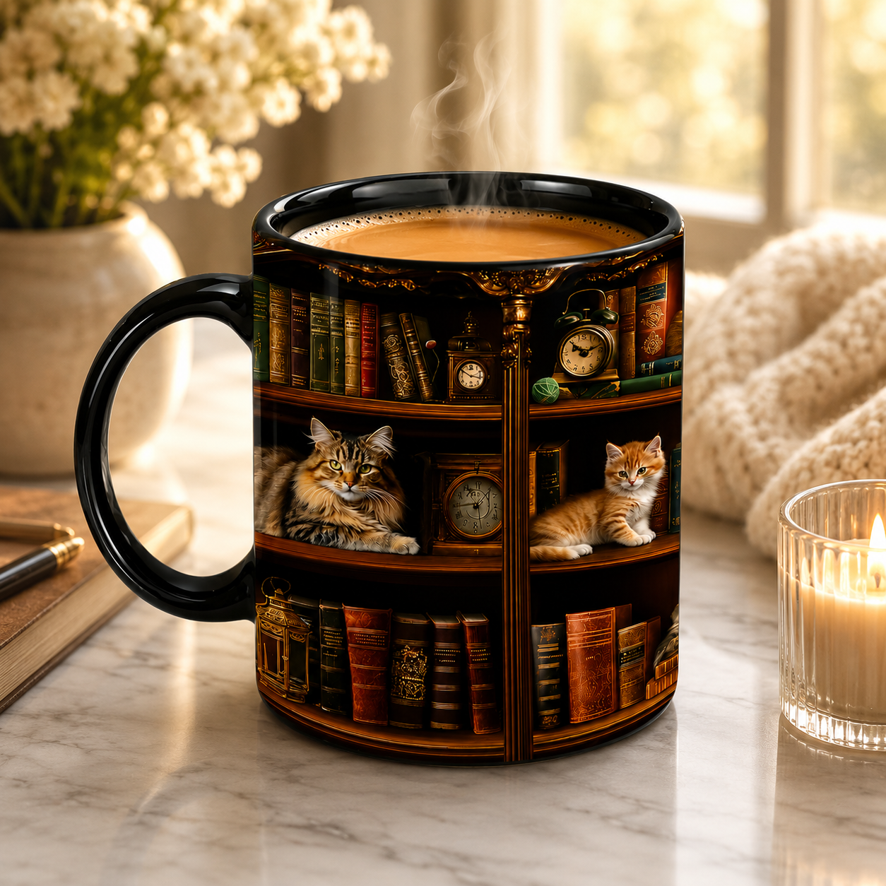 "Library Cats & Vintage Books" Ceramic Mug