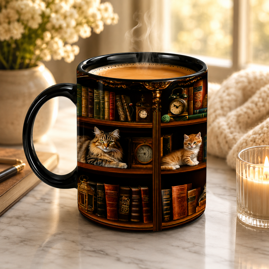 "Library Cats & Vintage Books" Ceramic Mug