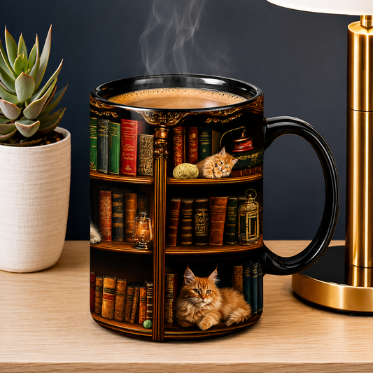 "Library Cats & Vintage Books" Ceramic Mug
