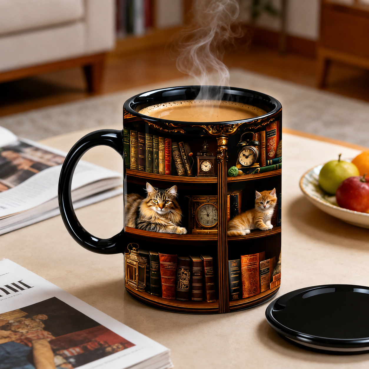"Library Cats & Vintage Books" Ceramic Mug