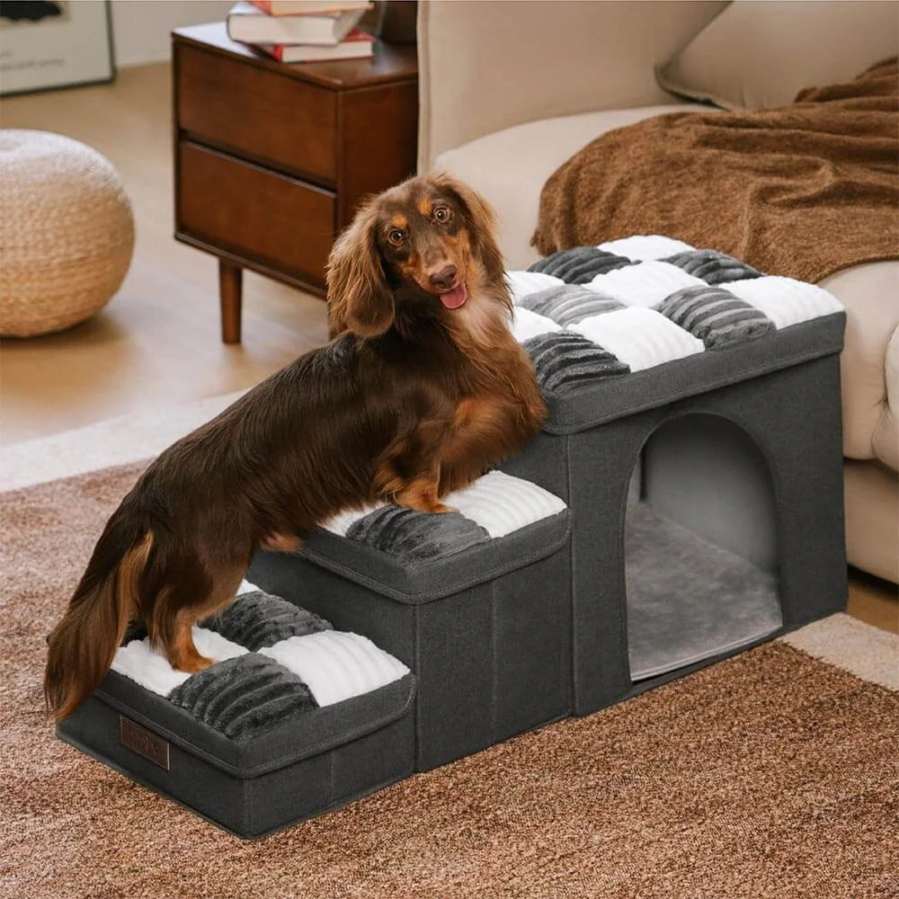 Chessboard Plaid Handcrafted Dog Stairs with Storage