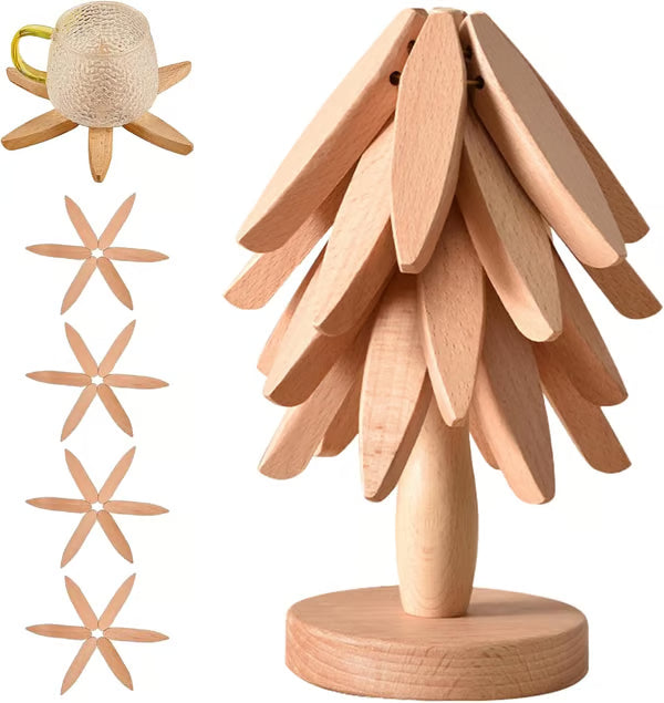 Natural Tree Trivet Set - 4 bamboo Trivets & 1 Stand