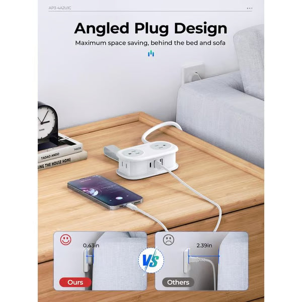 Travel Power Strip, ORICO 4 Outlets 2 USB Ports (1 USB C) with 4FT Wrapped Short Extension Cord Small Power Strip