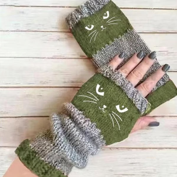 Women’s Knitted Fingerless Gloves with Cute Cat – Cozy, Stylish & Practical Winter Hand Warmers