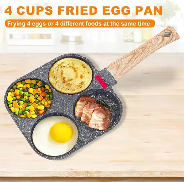 4-Hole Non-Stick Egg Frying Pan – Multifunction Skillet with Wooden Handle