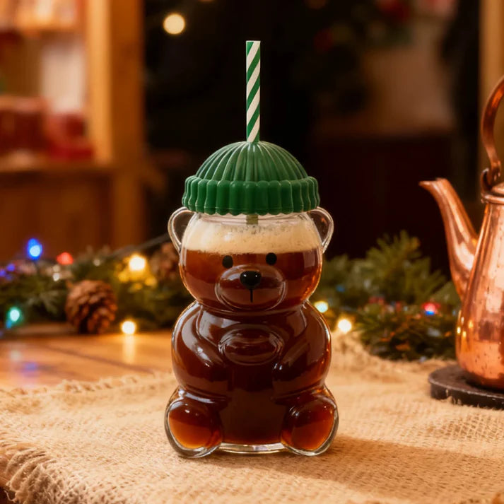 Bear Glass Cup with Straw