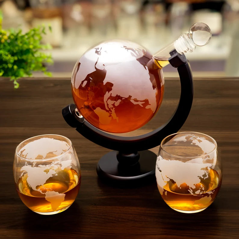 Antique Globe Whiskey Decanter Set