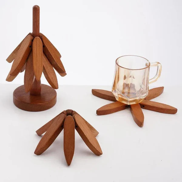 Natural Tree Trivet Set - 4 bamboo Trivets & 1 Stand